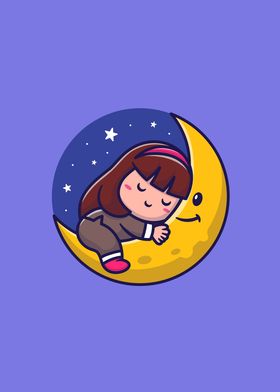 Cute Girl Sleeping On Moon
