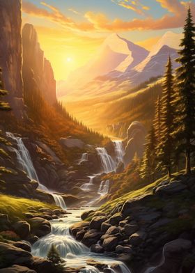 Sunset Waterfall in Forest