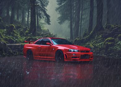 Rainy Red Nissan GTR R34