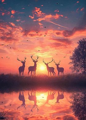 Deer Animal Sunset