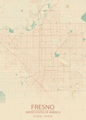 Fresno CA Vintage City Map