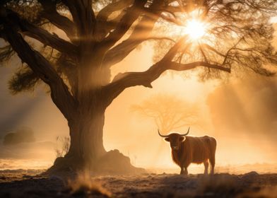 Highland cow golden hour