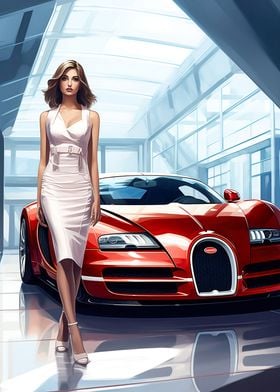 Girl and Bugatti car