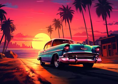 synthwave retro car sunset