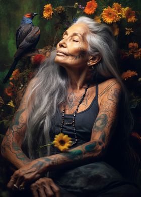 Wise old tattoo woman