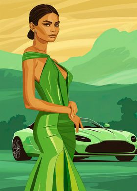 Girl and Aston Martin car