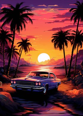 synthwave retro car sunset