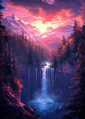 Waterfall Landscape Sunset