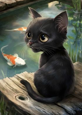 Black Cat At Koi Pond