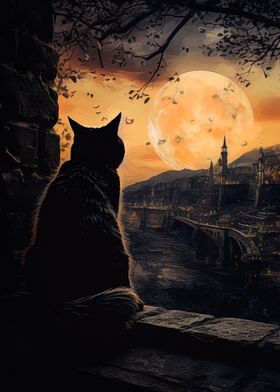 cat moon night animal