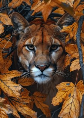 Puma Behind Fallen Leaves