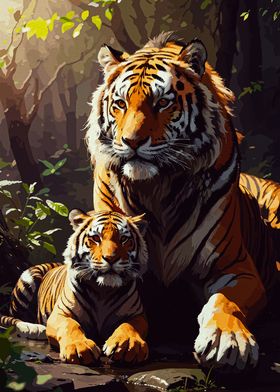 Mother Tiger and her cubs