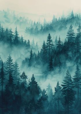 Forest in Mist Watercolor 