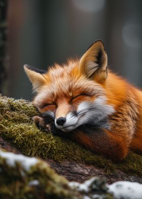 Red Fox Rest on Mossy Log