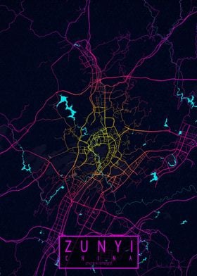 Zunyi City Map Neon