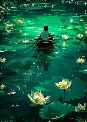 boy rowing boat art 