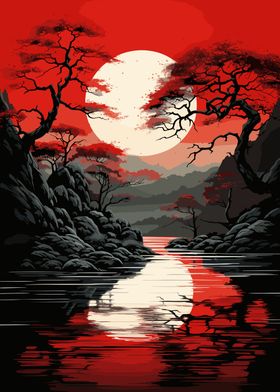 Red Sky Asian Landscape