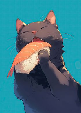 Kawaii Cat Eating Sashimi