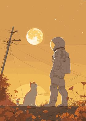 Astronaut looking his Cat