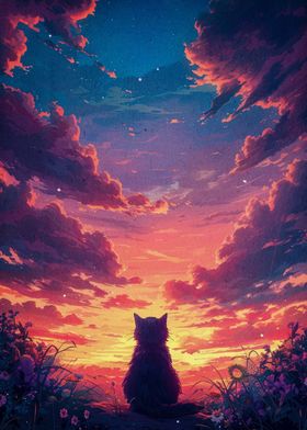 cat sunset landscape