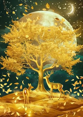 Golden Tree with Two Deer