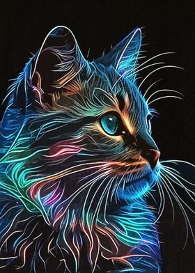 Line Art Neon Cat