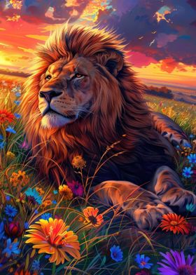 Lion In Field Of Flowers