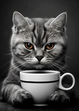 Grey Cat with a Coffee Cup