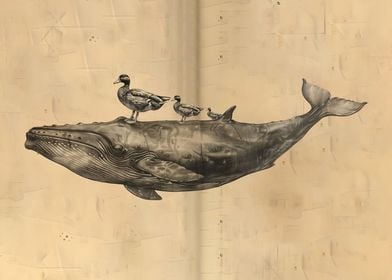 Ducks riding  whale