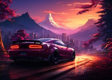 synthwave retro car sunset