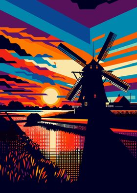 windmill sunset wpap art