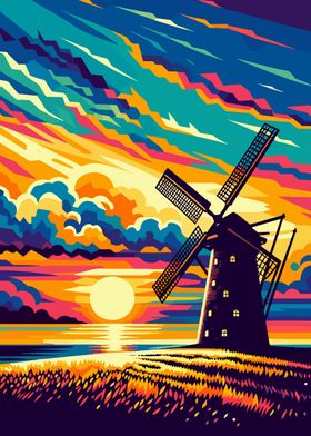 windmill sunset wpap art