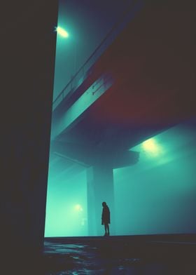 Lonely Foggy Night Bridge