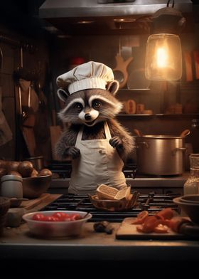 Raccoon cooking kitchen