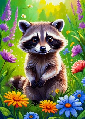 Racoon And Many Flowers