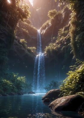 Waterfall and fireflies