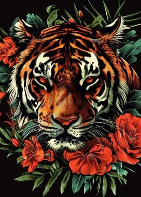 wild tiger and roses