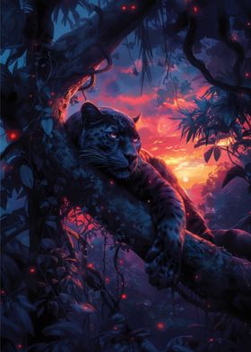 Panther Lying Tree Sunset