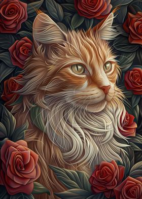 Fluffy Ginger Cat and Rose