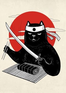 samurai cat eating sushi