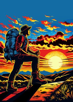 Hiking sunset pop art  