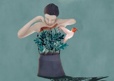 Surreal woman with bird