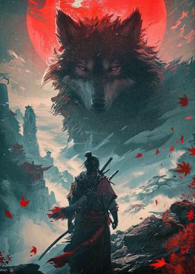 samurai wolf moon red