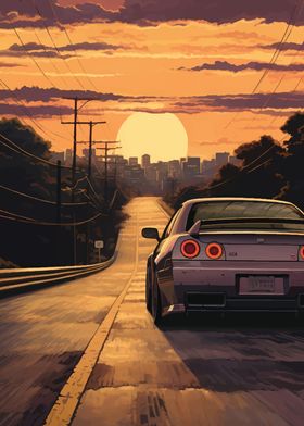 driving a nissan at sunset