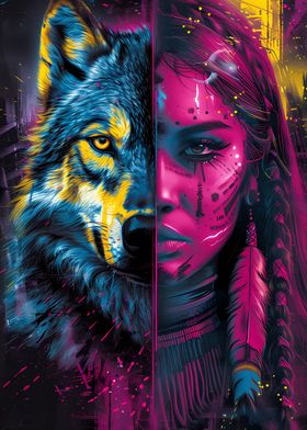 Neon Native American Wolf