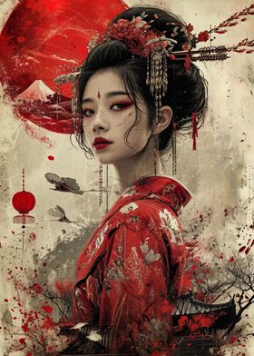 geisha red moon japan