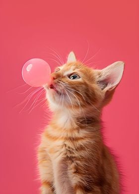 Pink Cat blowing BubbleGum