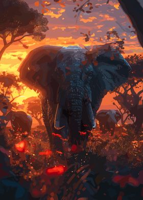 Elephants Savanna Sunset