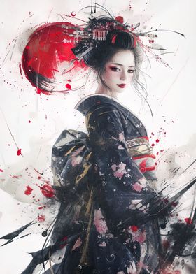 geisha japan moon red