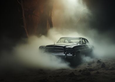 Classic car in fog